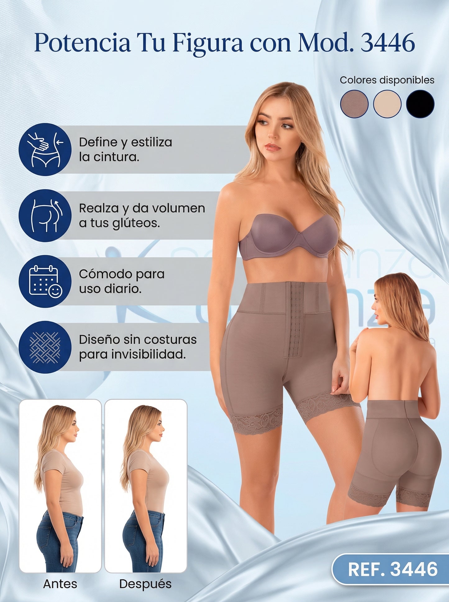 Mod. 3446 Faja tipo short cintura alta, elástico en cintura con varillas plásticas