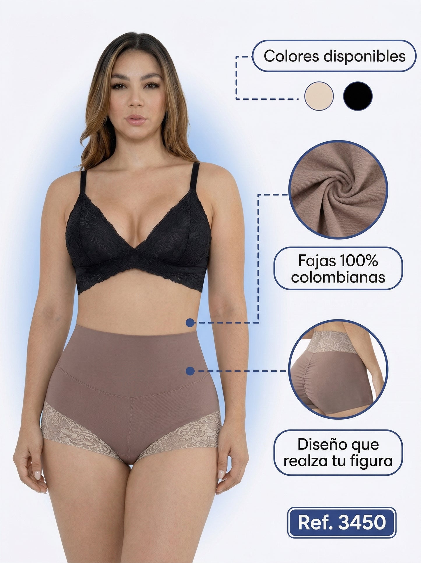 Mod. 3450 Cachetero cintura media con elástico levanta glúteo y detalles de encaje