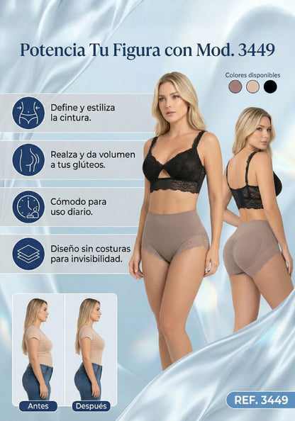 Mod. 3449 Cachetero cintura media con elástico levanta glúteo y encaje en piernas